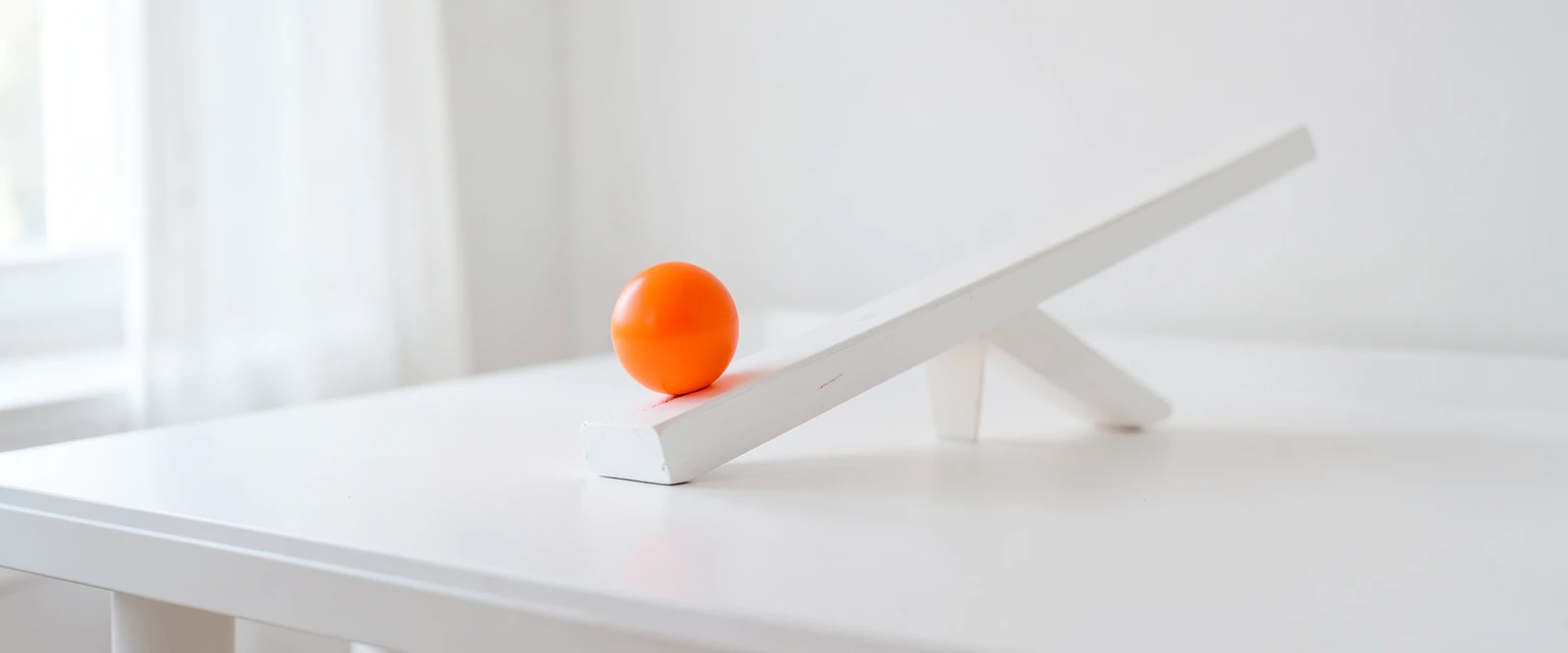 Photograph of a tilted white seesaw with an orange ball on the low end