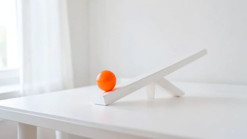 Photograph of a tilted white seesaw with an orange ball on the low end