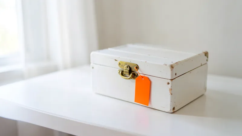 Photograph of a closed white case with a small orange tag