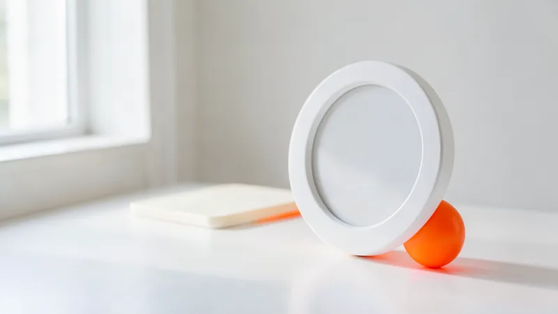 Photograph of an empty white round frame with a small orange sphere behind it
