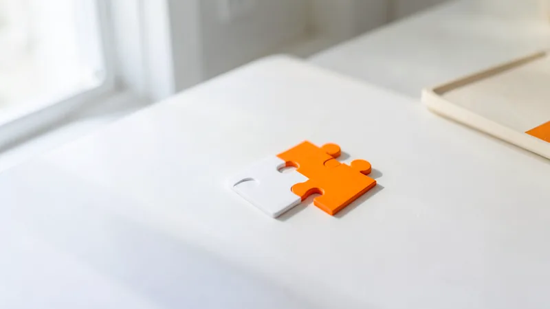 Photograph of two fitted puzzle pieces, one white and one orange