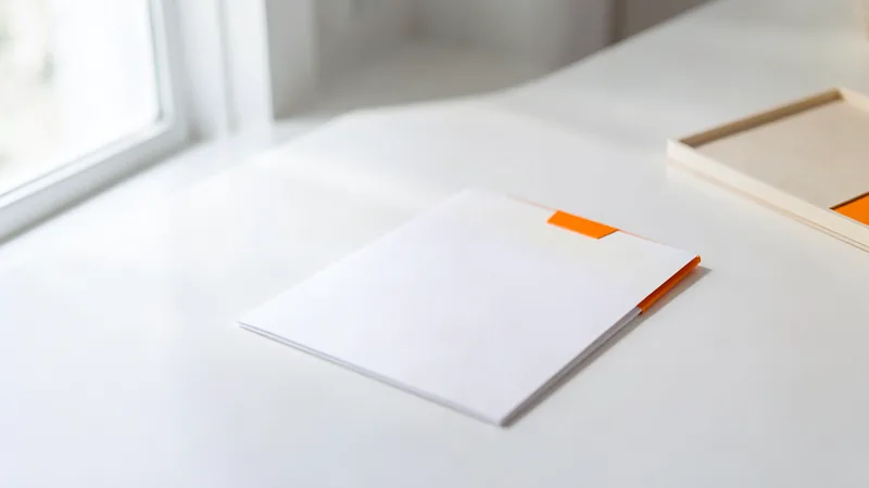 Photograph of a white folder with an extra card marked by an orange tab