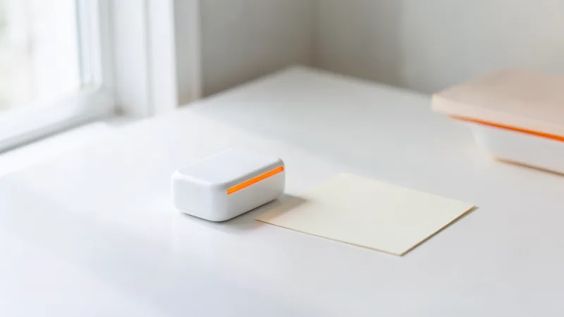 Photograph of a white device-like block with an orange light strip