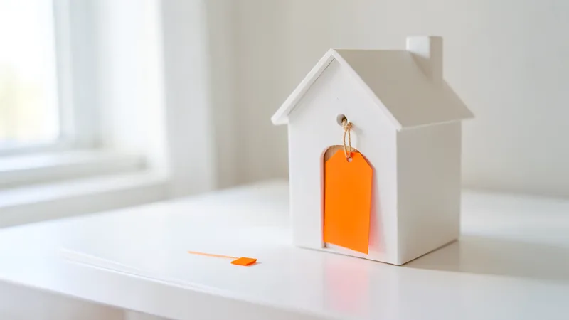 Photograph of a white model house with a plain orange tag on its door