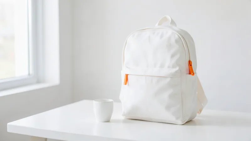 Photograph of a white canvas backpack with an orange zipper pull