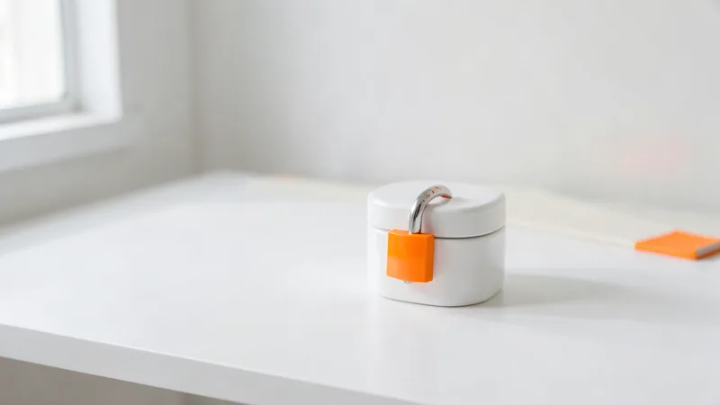 Photograph of a white lockbox fastened with an orange padlock