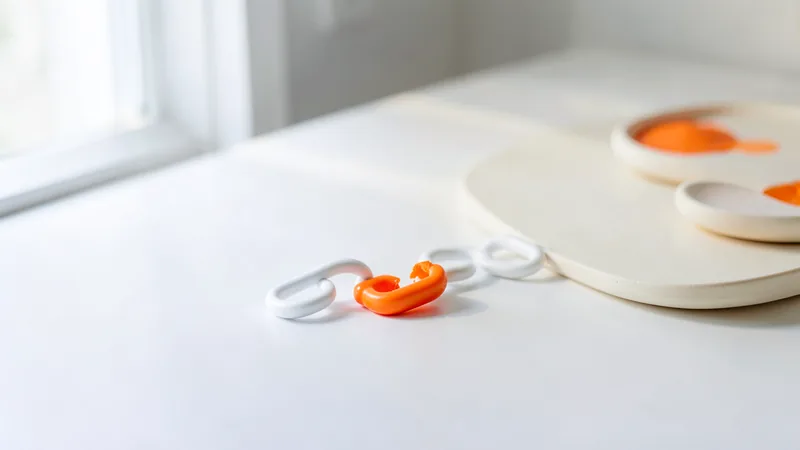 Photograph of a white chain with one broken orange link