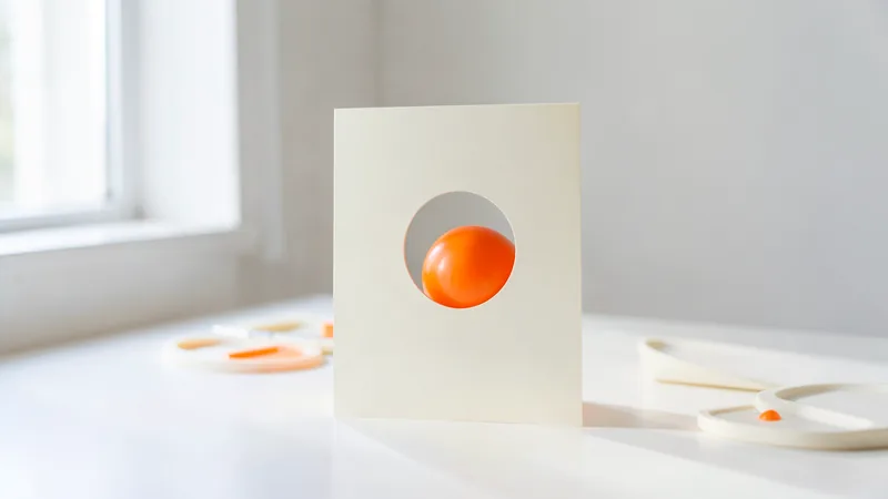 Photograph of a blank card with a round hole and an orange sphere behind it