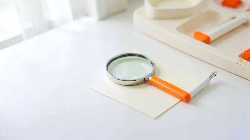 Photograph of an orange-handled magnifying glass on a blank card beside a white pen