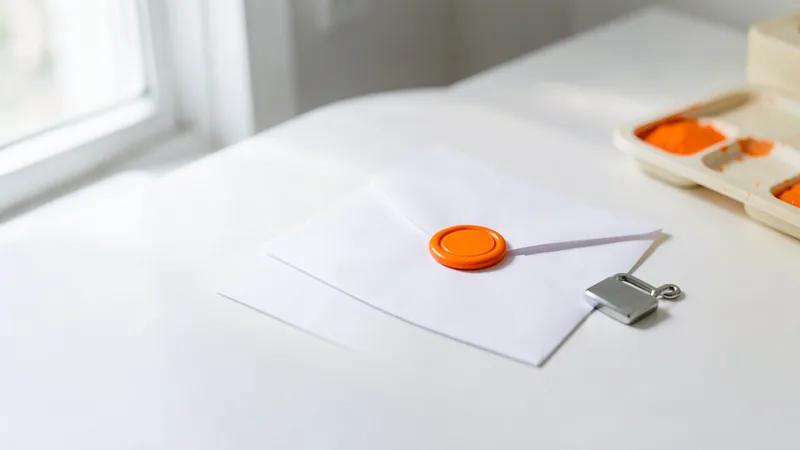 Photograph of a white envelope with an orange wax seal and a small silver padlock